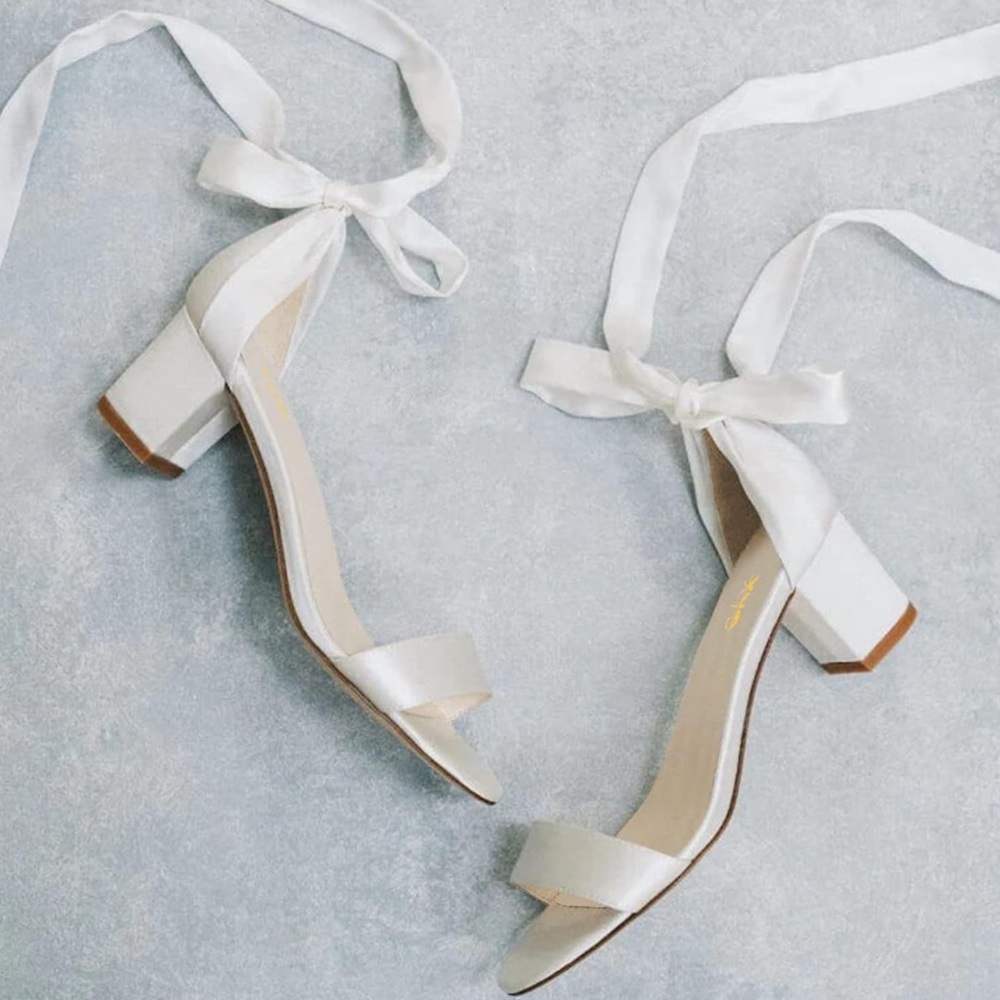 White Satin Bow Low Block Heels
